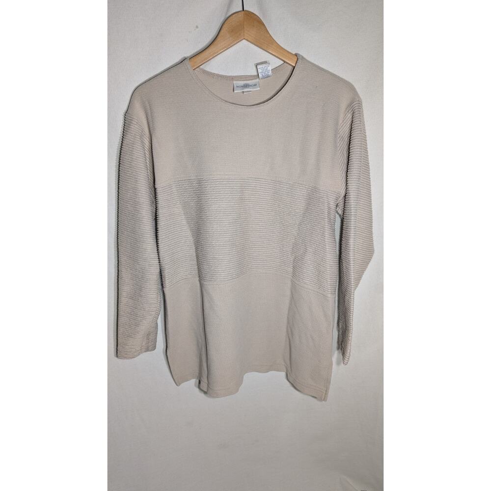 Nordstrom Womens Crewneck Sweater Sz L Ribbed Textured Beige Classic elevated